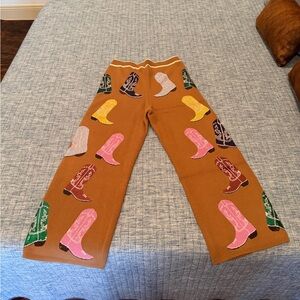 QUEEN OF SPARKLES Tan Pants with Colorful Boot Patterns